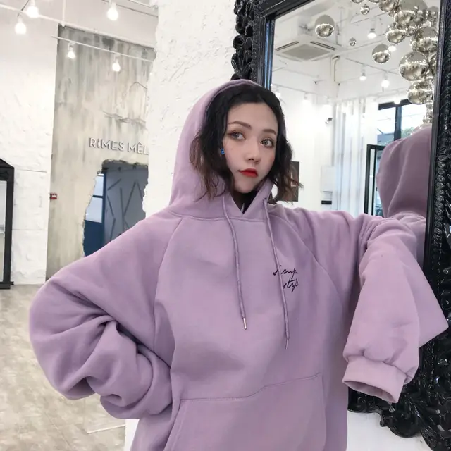 Raglan Sleeve Letter Loose Hooded Drawstring Fleece Long Sleeved Sweater Purple - Shop at LoveMi
