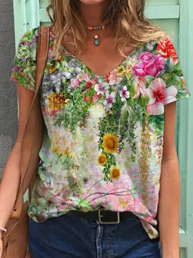 Ladies Fashion Print Short Sleeve T Shirt Shirt Colorful - Shop at LoveMi