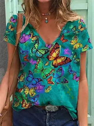 Ladies Fashion Print Short Sleeve T-Shirt Shirt - Green