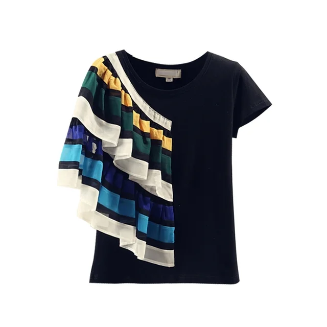 Stitching Half sleeved T shirt With Ruffled Simple Short Sleeved Pure Loose Black - Shop at LoveMi