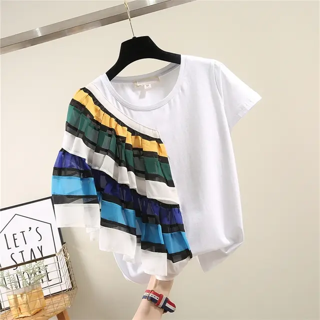 Stitching Half sleeved T shirt With Ruffled Simple Short Sleeved Pure Loose White - Shop at LoveMi
