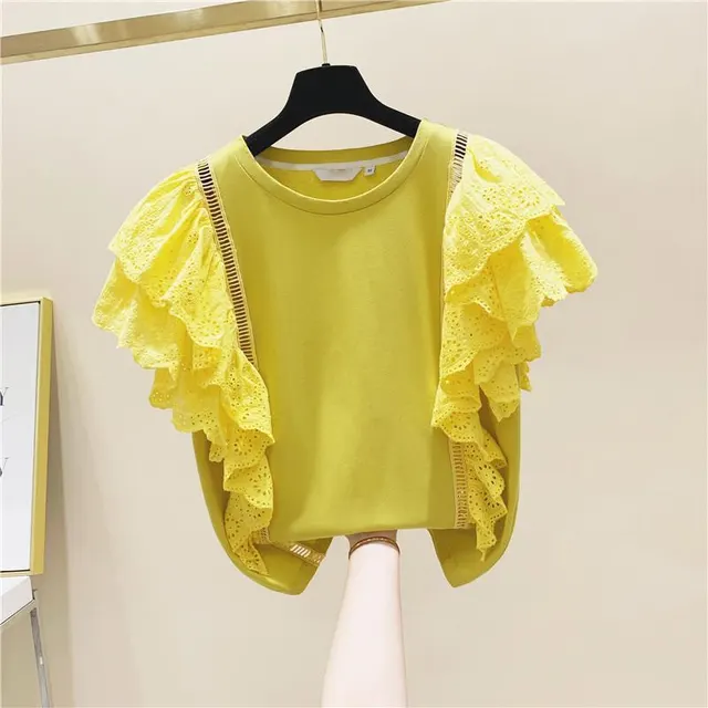 Lace Stitching Ruffled Cotton Short Sleeves Yellow - Shop at LoveMi