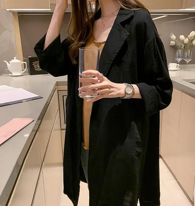 Lapel Trench Coat Women's Mid length Slim Long Sleeve Cardigan Jacket Black - Shop at LoveMi