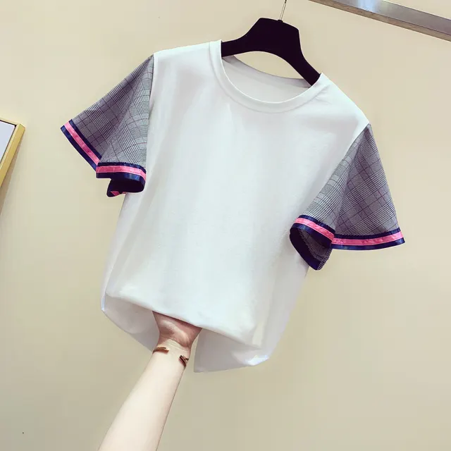 Women's Plaid Stitching Ruffled Short sleeved T shirt White - Shop at LoveMi