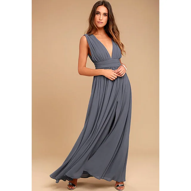 Women's Fashion Deep V Sleeveless Long Dress Dark Grey - Shop at LoveMi