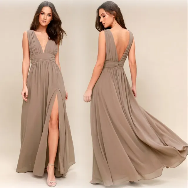 Women's Fashion Deep V Sleeveless Long Dress Khaki - Shop at LoveMi