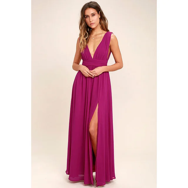 Women's Fashion Deep V Sleeveless Long Dress Rose Red - Shop at LoveMi