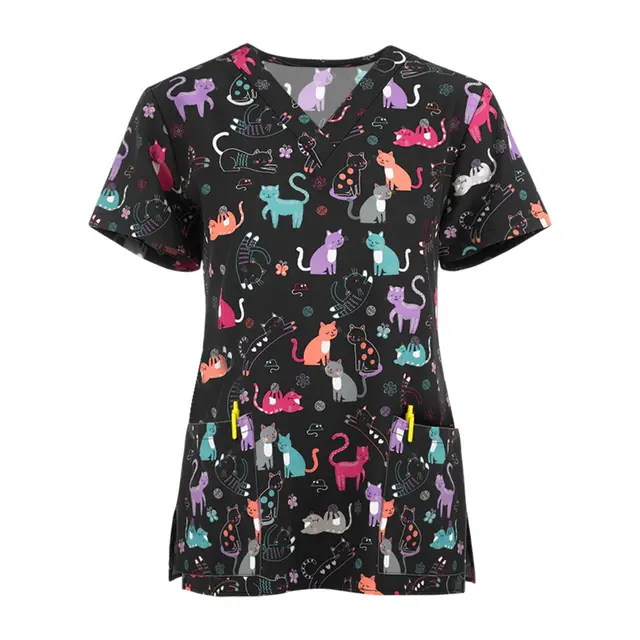 Women's Spring And Summer New Hedging Print Nurse Uniform T shirt Black - Shop at LoveMi