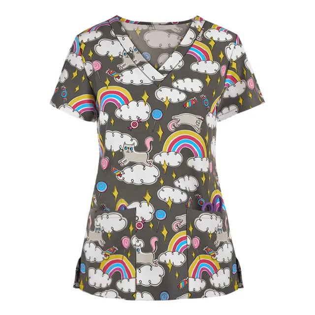 Women's Spring And Summer New Hedging Print Nurse Uniform T shirt Orange - Shop at LoveMi