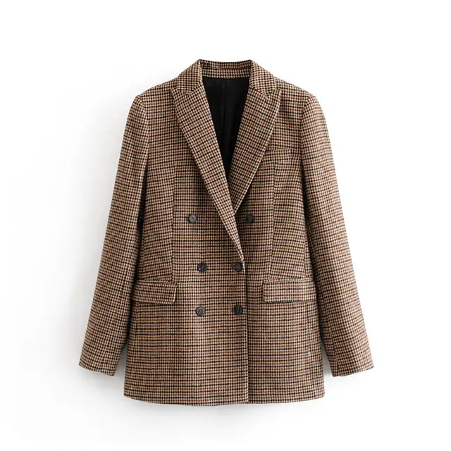 Women's Autumn And Winter Casual Double Breasted Plaid Blazer Brown - Shop at LoveMi