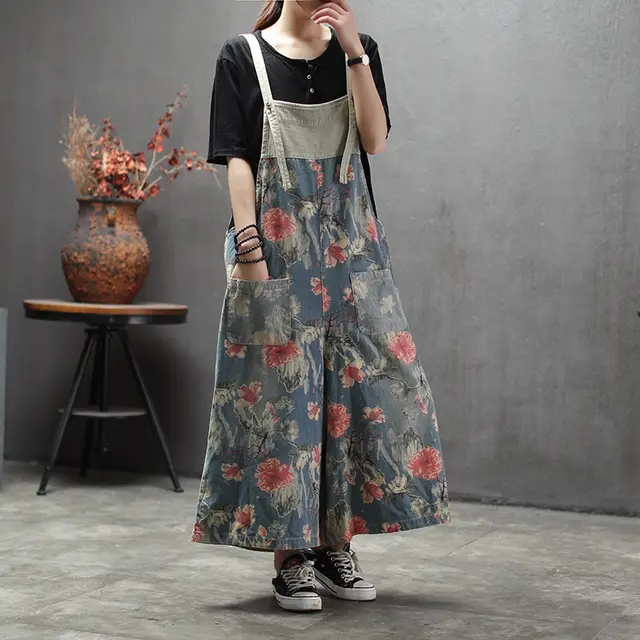 New Casual Print Jean Overalls For Spring Blue - Shop at LoveMi