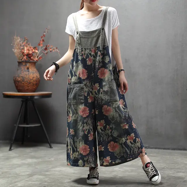 New Casual Print Jean Overalls For Spring Navy Blue - Shop at LoveMi