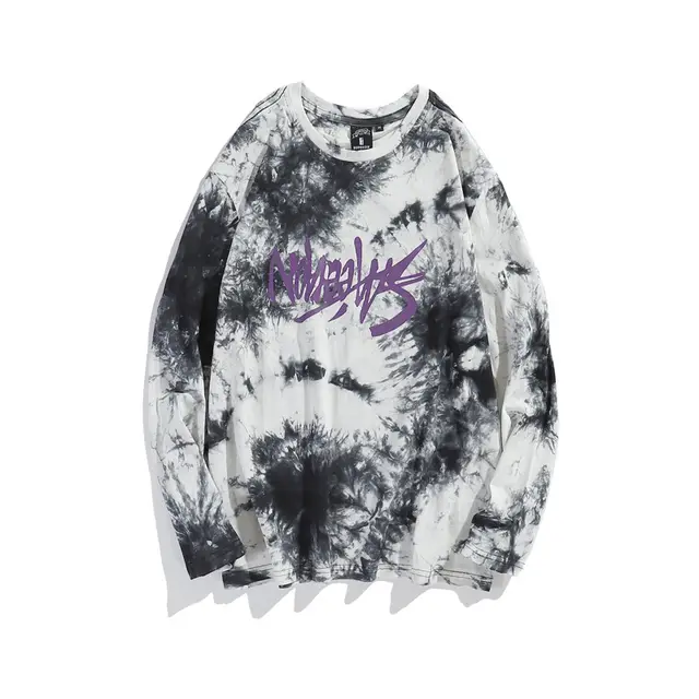 Hot Style Loose Long Sleeve Tee Tie Dye T Shirt Bottoming Shirt Black And White - Shop at LoveMi