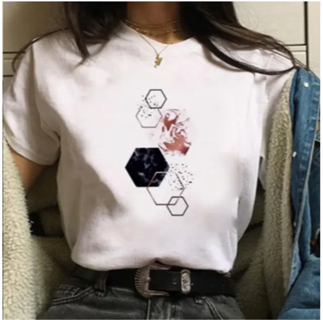 Printed Ladies Round Neck Short Sleeve Loose Casual T shirt G - Shop at LoveMi