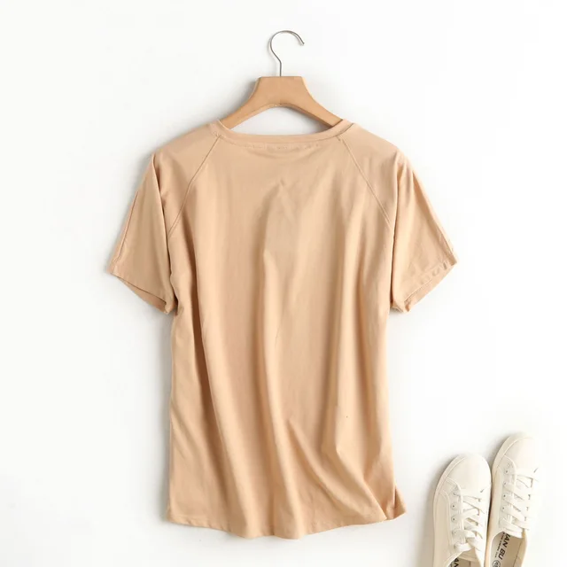 European And American Style Summer Four Color Women's Solid Color Loose Loose Version Of Thin Short Sleeved Basic Solid Color T Shirt Khaki - Shop at LoveMi