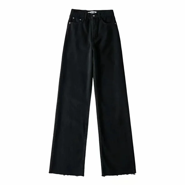 High Waisted Raw Edge Wide Leg Mopping Denim Trousers Black - Shop at LoveMi