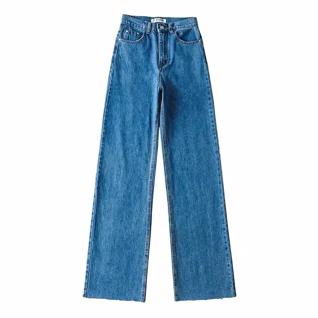 High Waisted Raw Edge Wide Leg Mopping Denim Trousers Dark Blue - Shop at LoveMi
