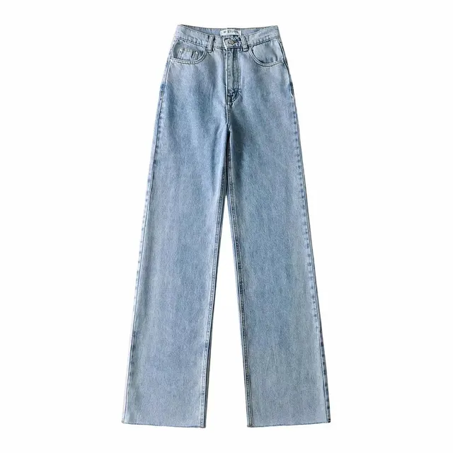 High Waisted Raw Edge Wide Leg Mopping Denim Trousers Light Blue - Shop at LoveMi