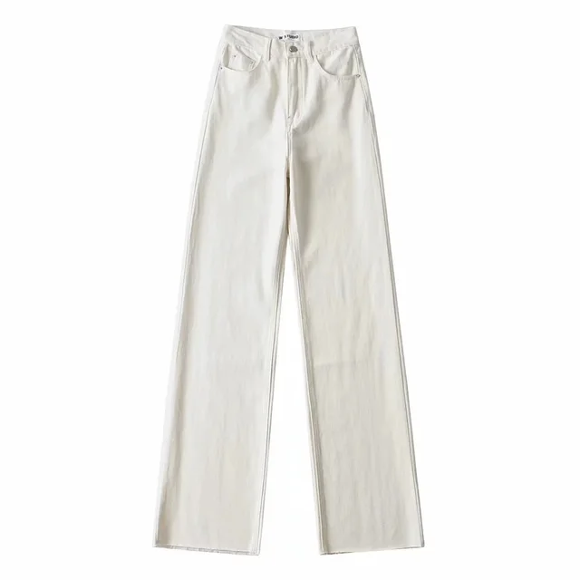 High Waisted Raw Edge Wide Leg Mopping Denim Trousers White - Shop at LoveMi