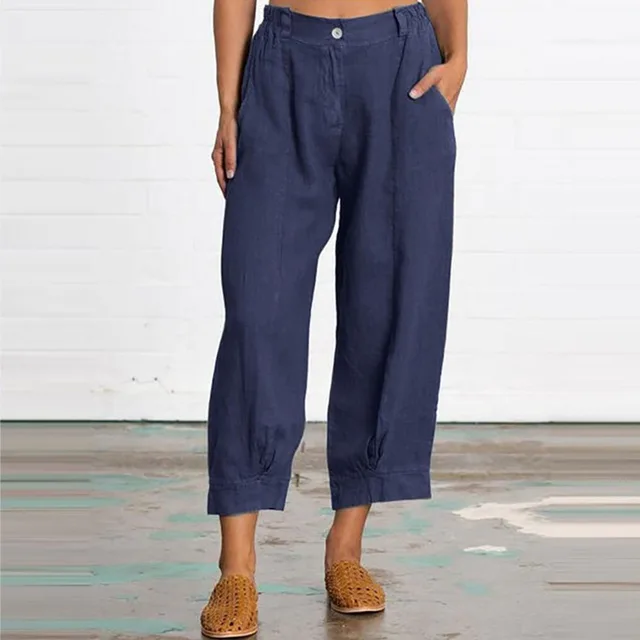 New Loose Large Size Women's Solid Color Nine Points Casual Pants Women's Pants Blue - Shop at LoveMi