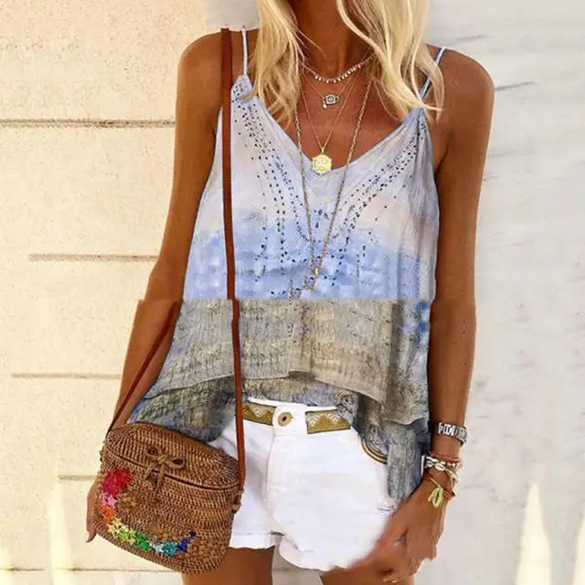 Women's Summer Hot Style Printed Loose Sling Top Blue - Shop at LoveMi