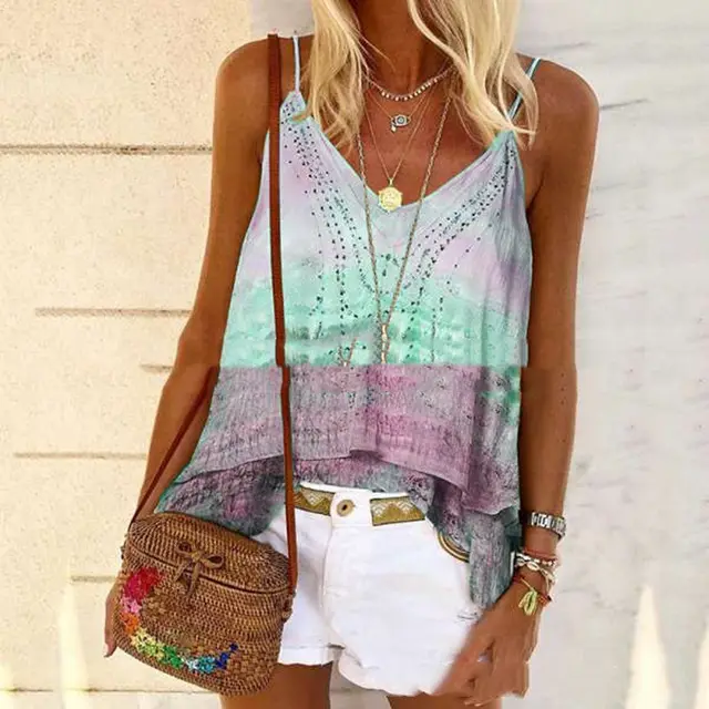 Women's Summer Hot Style Printed Loose Sling Top Green - Shop at LoveMi