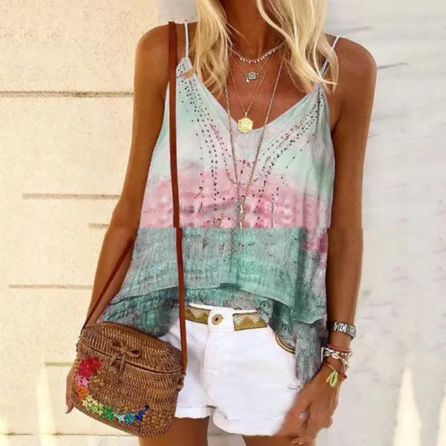 Women's Summer Hot Style Printed Loose Sling Top Pink - Shop at LoveMi