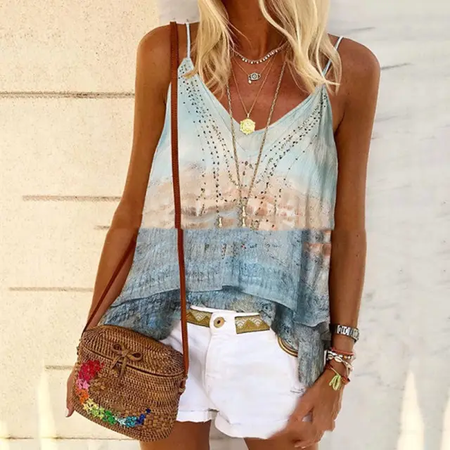 Women's Summer Hot Style Printed Loose Sling Top Yellow - Shop at LoveMi