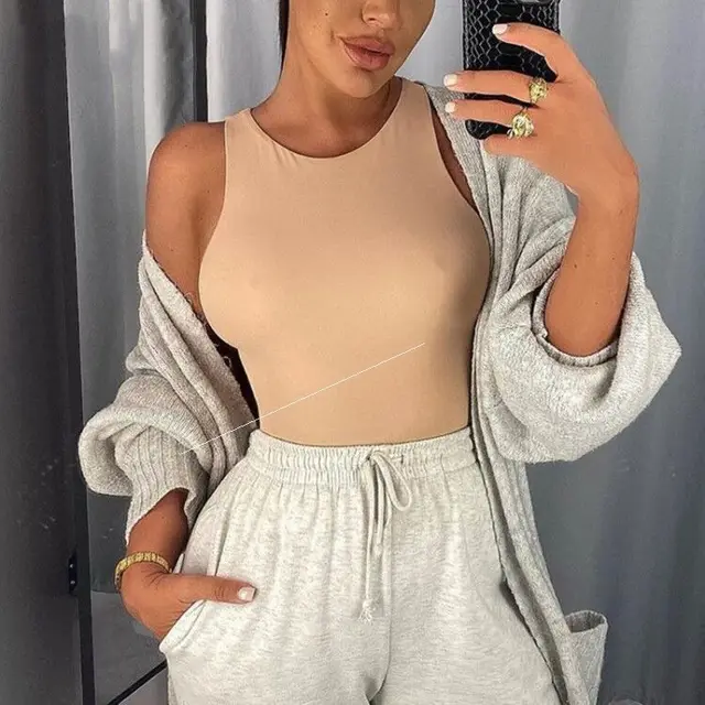 Summer Round Neck Sleeveless Bodysuit Bodysuit Khaki - Shop at LoveMi