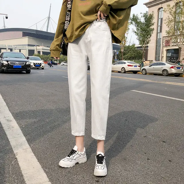 Highly Loose Wide leg Straight leg Casual Cropped Trousers White - Shop at LoveMi