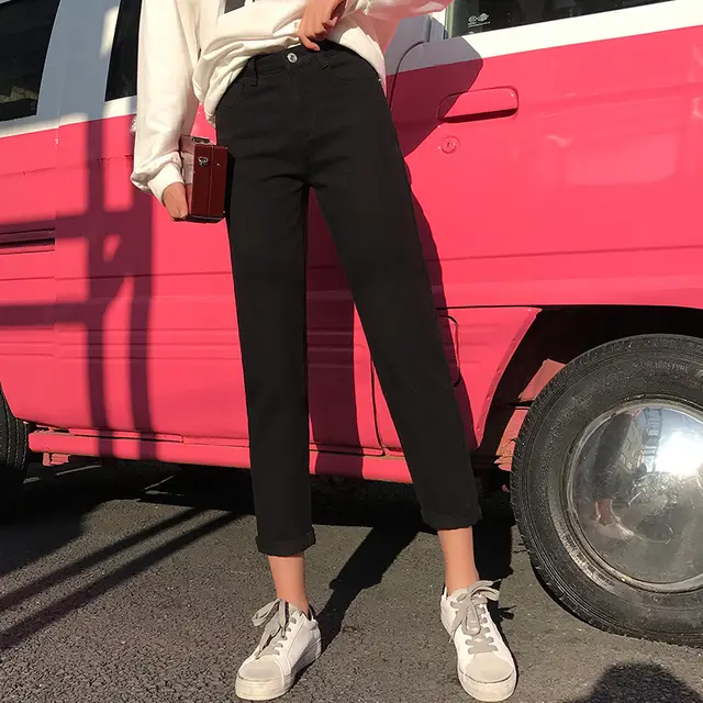 Women's Loose Harem Denim Cropped Trousers Black - Shop at LoveMi