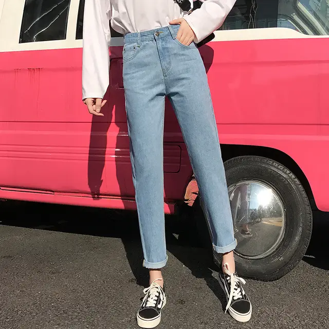 Women's Loose Harem Denim Cropped Trousers Light Blue - Shop at LoveMi