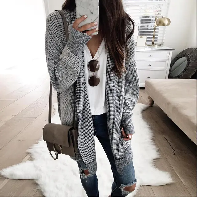 Ladies Fashion Plaid Woolen Cardigan Jacket Black - Shop at LoveMi