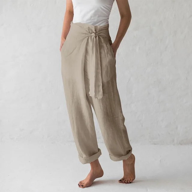 Ladies Cotton And Linen Solid Color High Waist Trousers Casual Pants Apricot - Shop at LoveMi