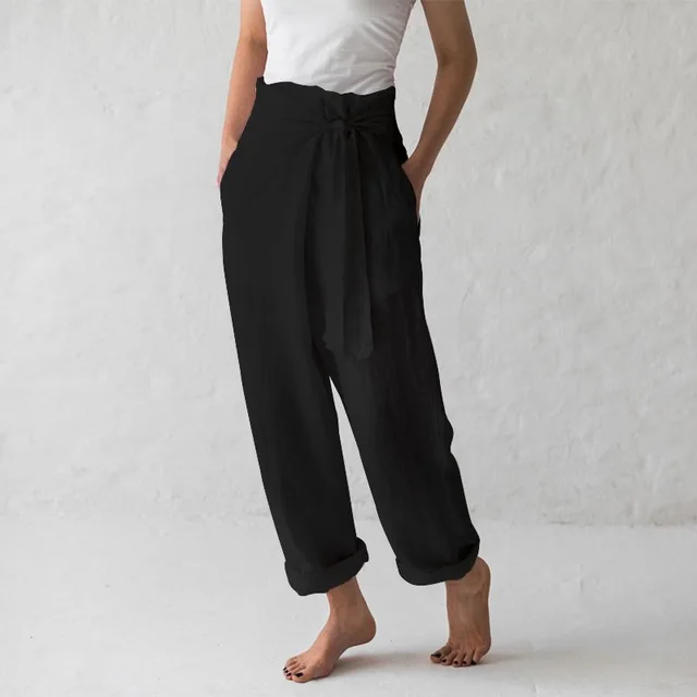 Ladies Cotton And Linen Solid Color High Waist Trousers Casual Pants Black - Shop at LoveMi