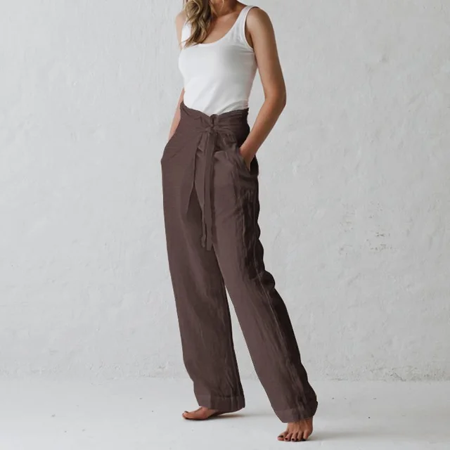 Ladies Cotton And Linen Solid Color High Waist Trousers Casual Pants Coffee - Shop at LoveMi