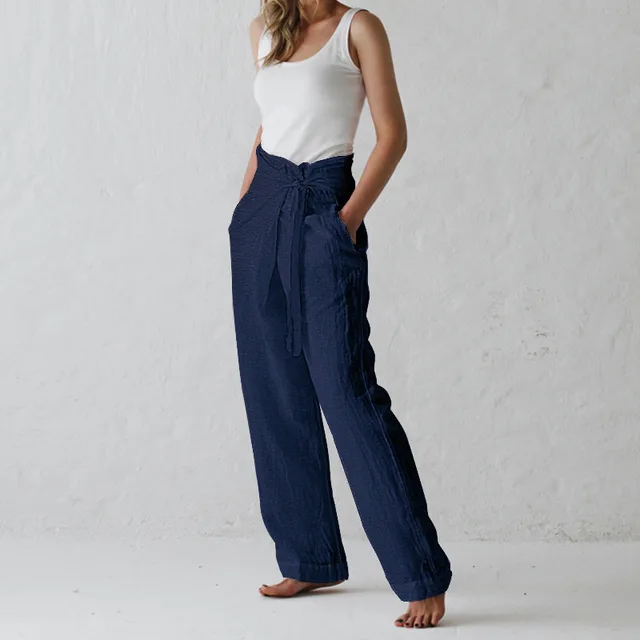 Ladies Cotton And Linen Solid Color High Waist Trousers Casual Pants Dark Blue - Shop at LoveMi