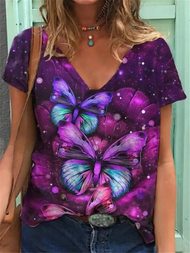 Street Butterfly Print Short Sleeved T Shirt Purple - Shop at LoveMi