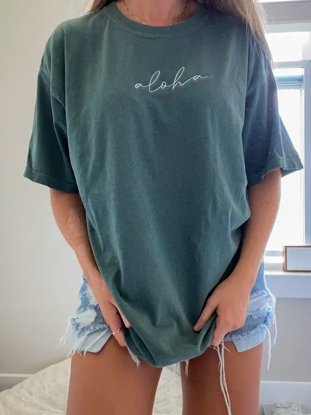 Fashion Round Neck Letter Printing Short Sleeved Mid Length T Shirt Women Green - Shop at LoveMi