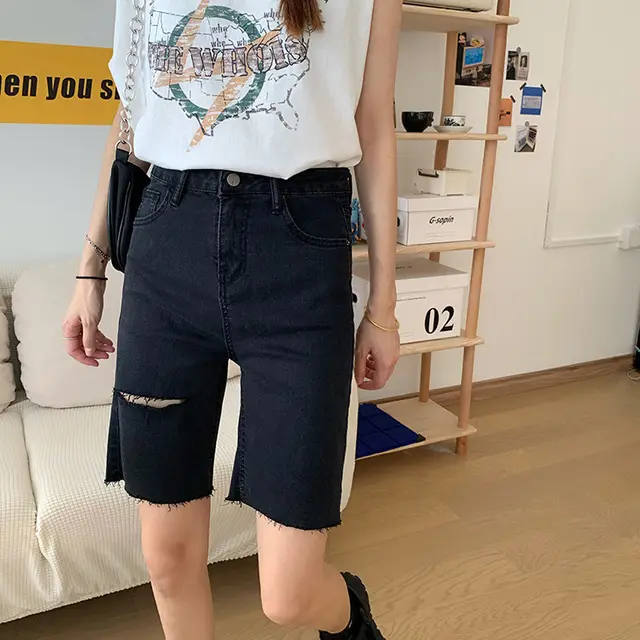 Straight Leg Ripped Denim Shorts Hot Pants Black - Shop at LoveMi