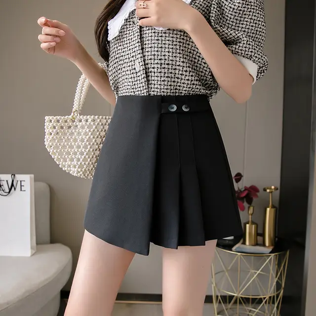 Pleated Skirt, Wearing Skirt Pants, Thin, Wide legged A line Shorts Black - Shop at LoveMi