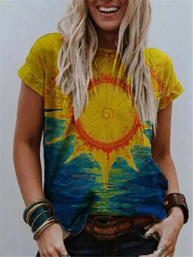 Turtleneck Round Neck Abstract Graphic Print Street Hipster T Shirt Multicolor Loose - Shop at LoveMi