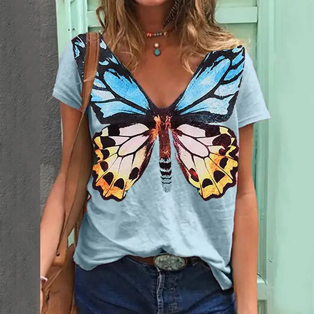 Summer Butterfly Print Short Sleeve V Neck T Shirt Women Blue - Shop at LoveMi