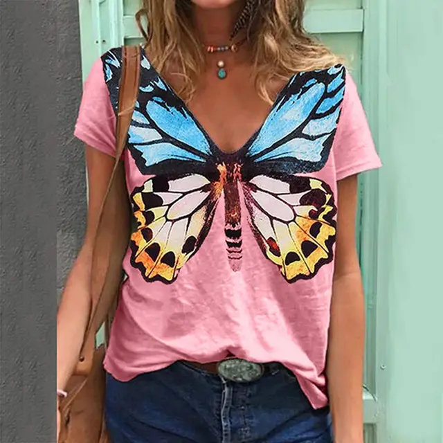 Summer Butterfly Print Short Sleeve V Neck T Shirt Women Pink - Shop at LoveMi