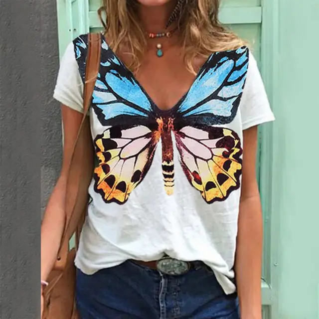 Summer Butterfly Print Short Sleeve V Neck T Shirt Women White - Shop at LoveMi