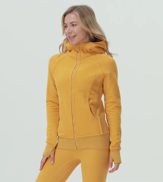 Full Zip Hoodie Fitness Running Long Sleeve Top Fleece Sweater Yellow - Shop at LoveMi