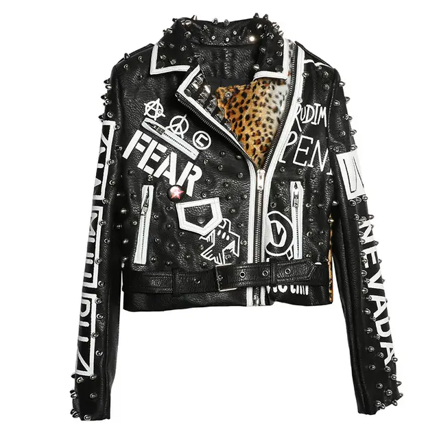 Printed Rivet Leopard Print Stitching Short Motorcycle Leather Jacket Black - Shop at LoveMi