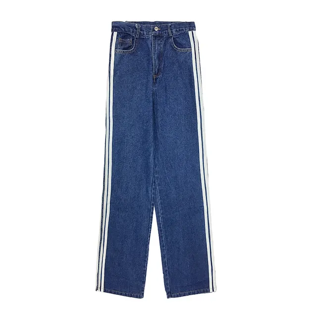 Split White Striped Blue Jeans Women's All Match Casual Wide Leg Pants Blue - Shop at LoveMi