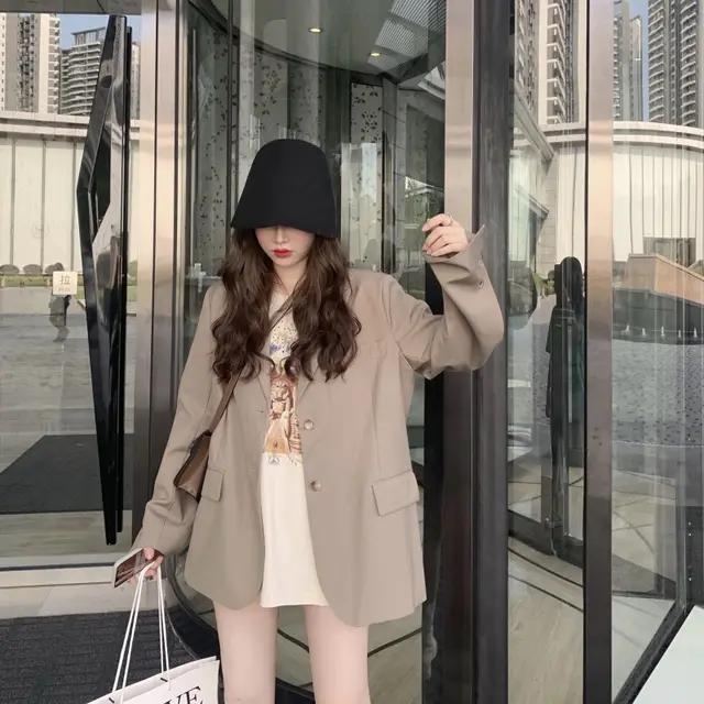 British Style Design Niche Casual Korean Fan Sleeve Split Blazer Khaki - Shop at LoveMi