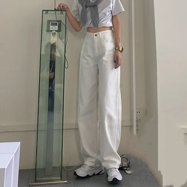 High Waist Slim Dark Blue Jeans White - Shop at LoveMi